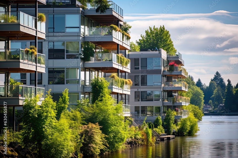 Naklejka premium Riverfront Condominiums in Vancouver, Washington State: Where Nature Meets Style, Architecture, Construction, with Balconies and Windows among Trees and Plants. Generative AI