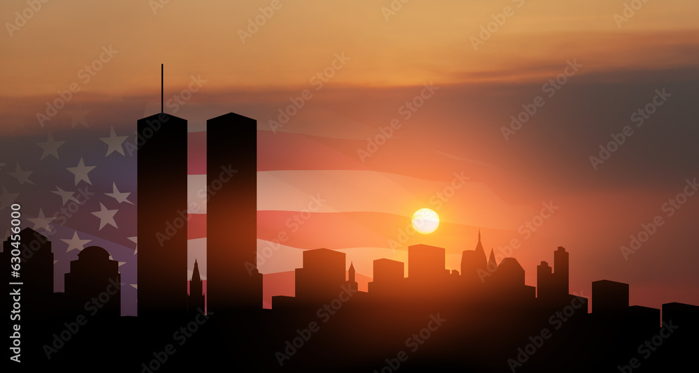 New York skyline silhouette with Towers and USA flag at sunset. American Patriot Day banner.