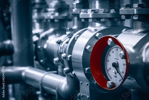 Industrial  concept. equipment of the boiler-house, - valves, tubes, pressure gauges, thermometer. Close up of manometer, pipe, flow meter, water pumps and valves of heating system, Generative AI