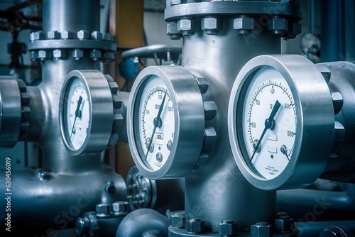 Industrial concept. equipment of the boiler-house, - valves, tubes, pressure gauges, thermometer. Close up of manometer, pipe, flow meter, water pumps and valves of heating system, Generative AI