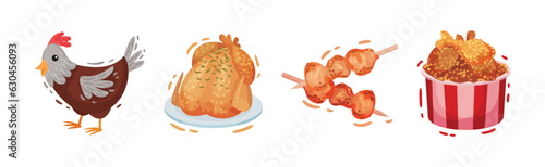 Cooked Chicken Dish with Skewered Shashlik and Fried Legs Vector Set