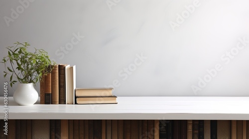 Stack of books on wooden table and blurred bookshelf in library room, education, back to school. Generative AI
