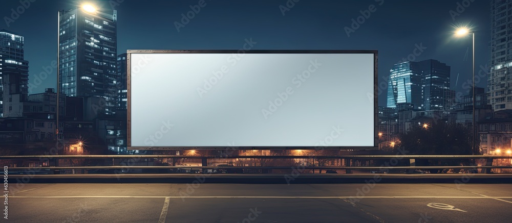 Printed on a blank billboard in a night city with a beautiful dusk backdrop, this illuminated board provides space for your text message, content or public information. It serves as a mock up banner - obrazy, fototapety, plakaty 