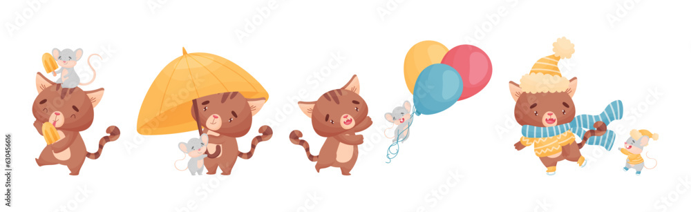 Cute Friendly Cat and Mouse Engaged in Different Activity Vector Set Cute Friendly Cat and Mouse Engaged in Different Activity Vector Set