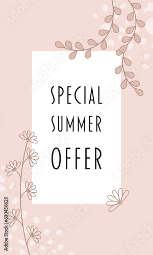 Special Summer Offer - Schriftzug in englischer Sprache - Spezielles Sommerangebot. Verkaufsbanner in modernem floralen Design in Rosétönen.
