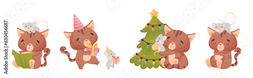 Cute Friendly Cat and Mouse Engaged in Different Activity Vector Set