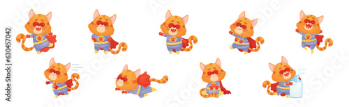 Ginger Whiskered Cat in Red Superhero Cloak and Mask Vector Set