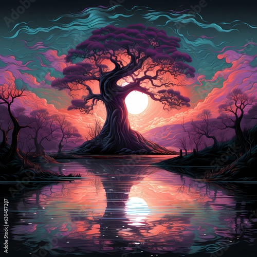 a tree with a lake at night in a stitched landscape
