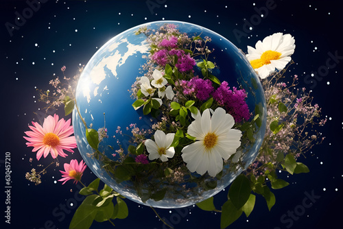 The beautiful planet Earth in outer space is covered with colorful flowers. The concept of global ecology and environmental protection. Generation  AI