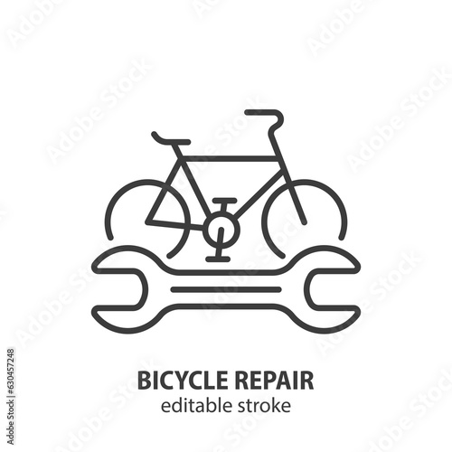 Bicycle repair service line icon. Bike and wrench outline vector symbol. Editable stroke.