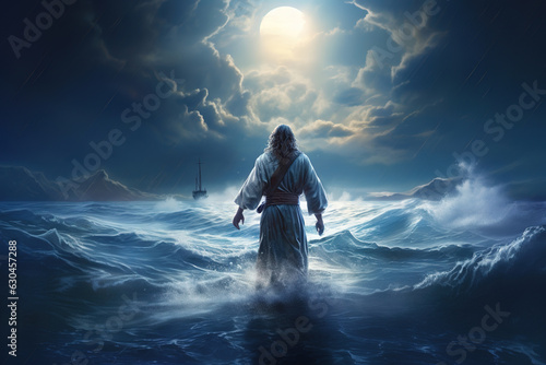 Jesus Christ is walking on the water of a stormy sea at night toward a boat.  AI generation