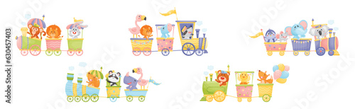 Funny Animals Riding Locomotive or Steam Train Enjoying Journey Vector Set