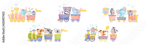 Funny Animals Riding Locomotive or Steam Train Enjoying Journey Vector Set