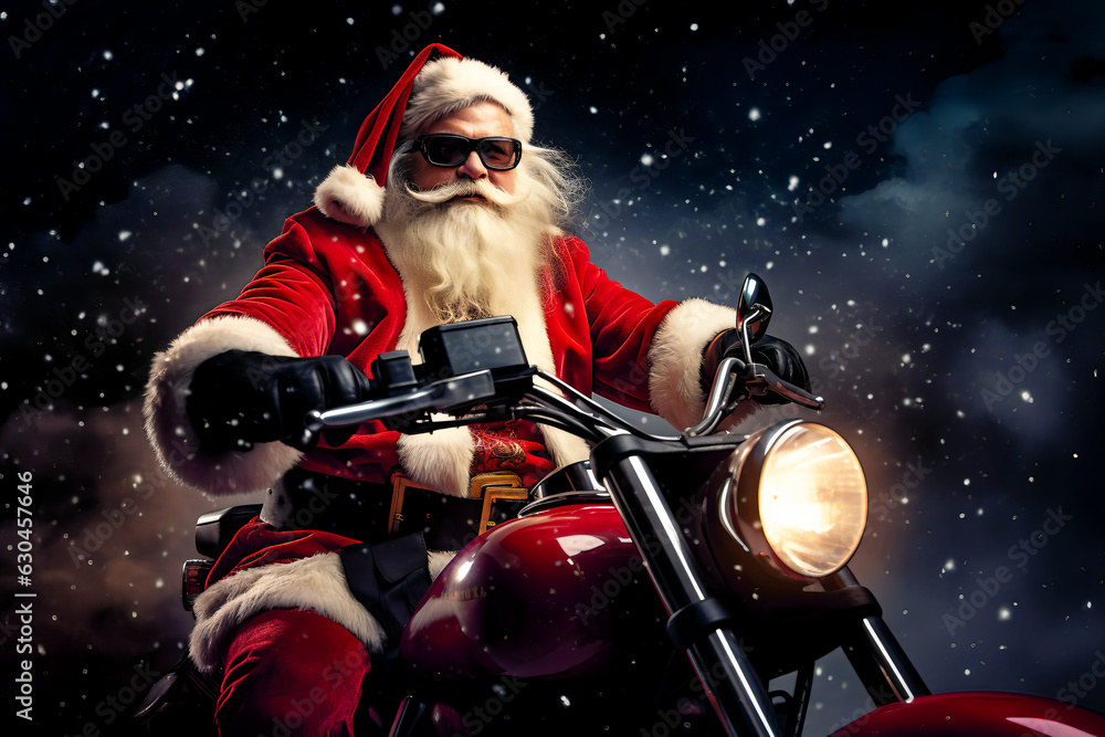 Weihnachtsmann auf Motorrad unterwegs 1, Generative KI - obrazy, fototapety, plakaty 