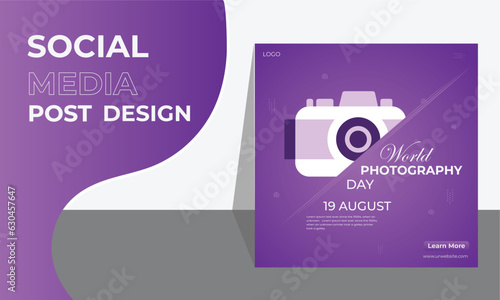 Unique and modern Social media post template with camera design in line art design for world photography day design. Blue gradient color World Photography Day August 19th poster design