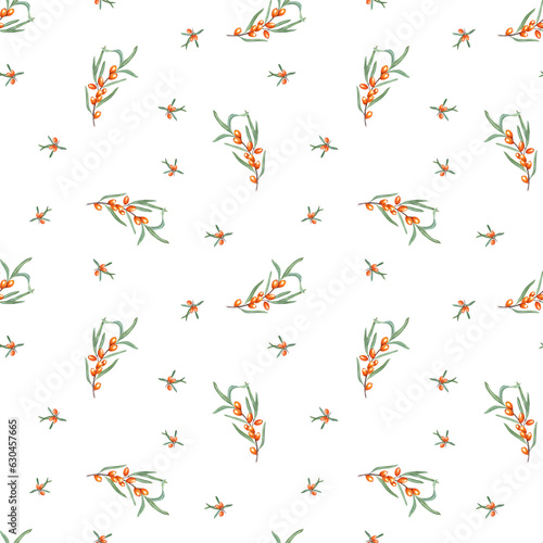 Sea buckthorn branch isolated on white background. Watercolor seamless pattern of orange berries, green leaves. Botanical illustration for textile design, room decor, print, postcards