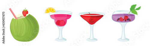 Bright Exotic Cocktail in Glass as Tropical Refreshing Drink Vector Set