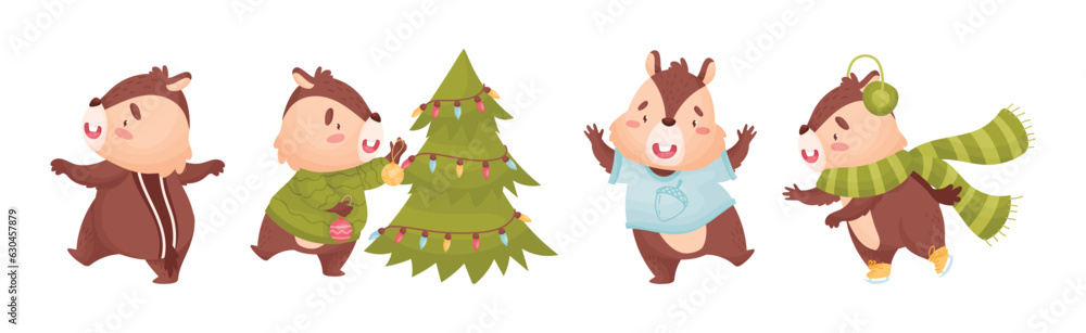 Naklejka premium Cartoon Chipmunk with Striped Back Vector Set