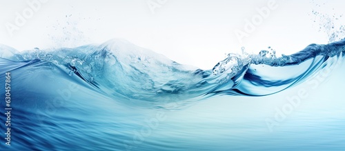 A summer banner background with a texture of transparent blue water waves, featuring splashes and bubbles. The waves are illuminated by sunlight, creating a vibrant and refreshing image. copy space