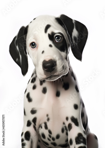 Cute Dalmatian Puppy Tilting Head in Close-up Portrait on White Background © adogslifephoto