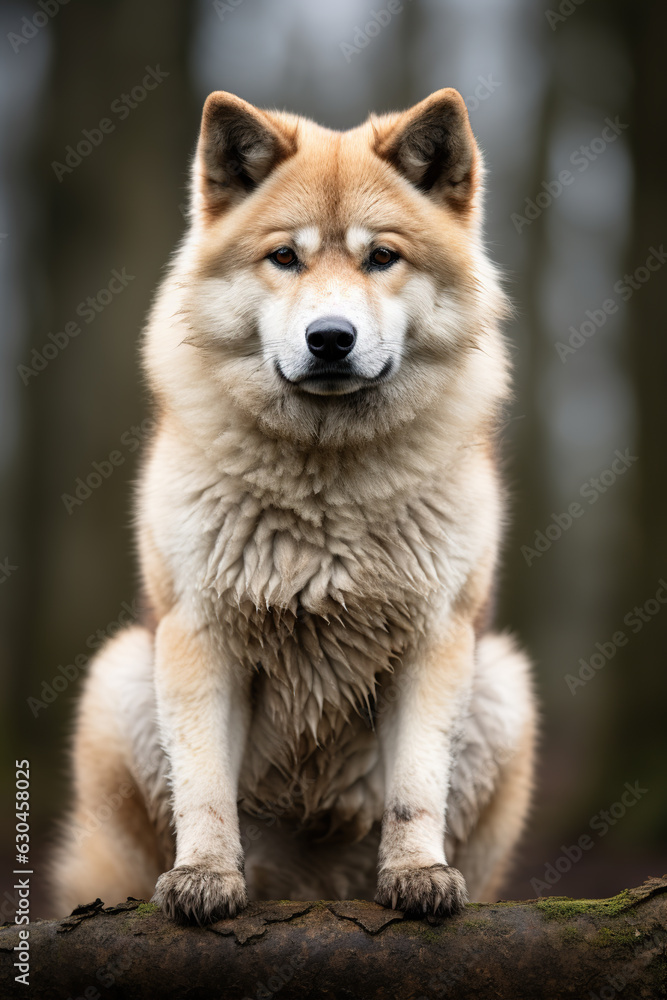Large Breed Akita Dog Sitting on a Log in the Woods