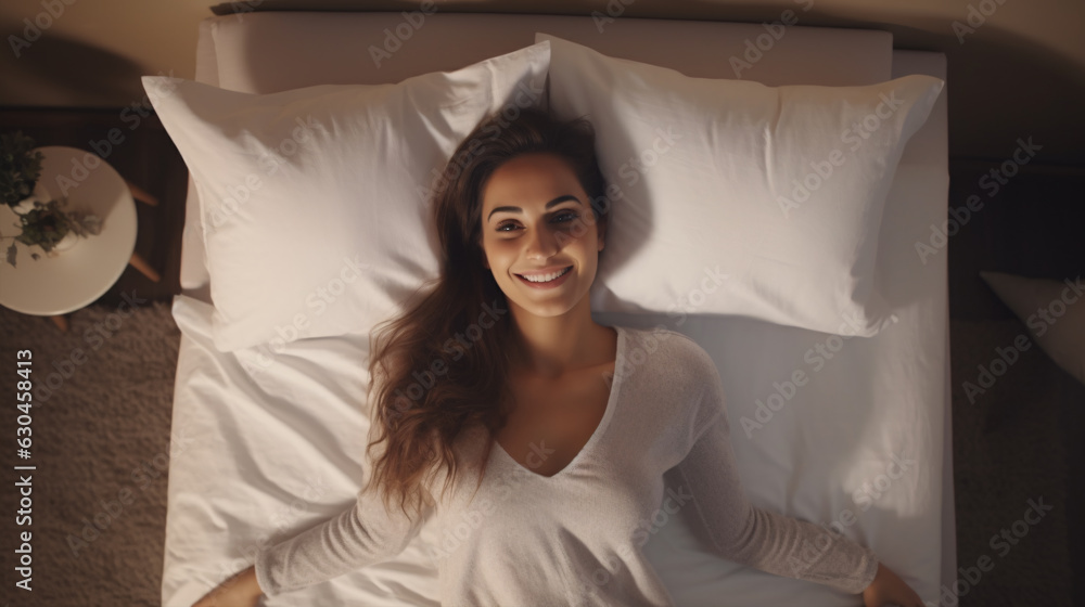 Top View Apartment: A Gorgeous Young Woman Wakes Up in Her Bed, Meets the New Day with a Radiant Smile as She Gazes Directly at the Camera. Top View Apartment: A Gorgeous Young Woman Wakes Up in Her Bed, Meets the New Day with a Radiant Smile as She Gazes Directly at the Camera.
