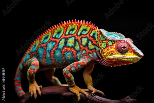 close up portrait of a beautiful chameleo isolated on black, ai tools generated image