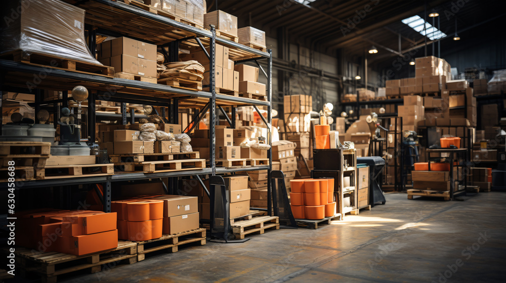 warehouse interior with shelves, pallets and boxes. store warehouse concept. warehouse interior with shelves, pallets and boxes. store warehouse concept.