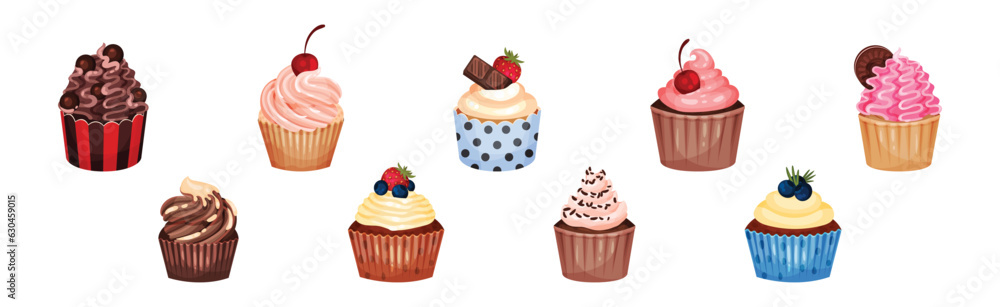 Sweet Cupcake or Fairy Cake Baked in Paper Cup Topped with Whipped Cream Vector Set Sweet Cupcake or Fairy Cake Baked in Paper Cup Topped with Whipped Cream Vector Set