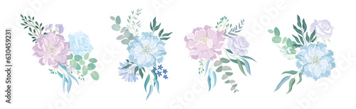 Blue Flower Bouquet and Floral Blooming Composition Vector Set