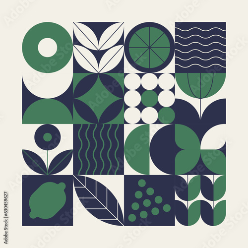 Natural geometric pattern. Abstract mosaic fruit leaf plant simple shapes, minimal floral eco agriculture banner. Vector design