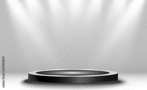 	
Podium, pedestal or platform, illuminated by spotlights in the background. Vector illustration. Bright light. Light from above. Advertising place
