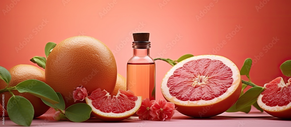 A composition featuring a bottle of essential oil and grapefruits against a colorful background. A composition featuring a bottle of essential oil and grapefruits against a colorful background.