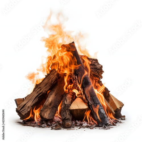 Campfire isolated on white background. Closeup of a pile of firewood burning with orange and yellow flames.