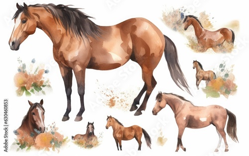 Watercolor brown horse for graphic resources  Generative AI