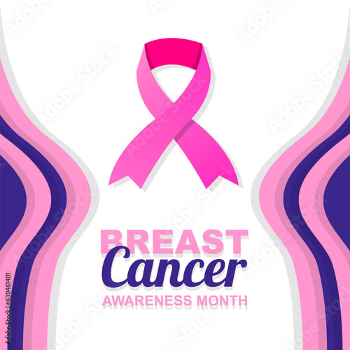 Breast cancer awareness month is celebrated in October. greeting poster design with pink ribbon and female breast shape frame. Vector illustration design