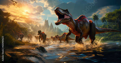 Fototapeta Naklejka Na Ścianę i Meble -  Jurassic Adventure: Dinosaurs in a Tropical Frenzy