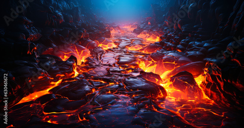 Volcanic Fury: Fiery Lava Flow on Cooling Rocks