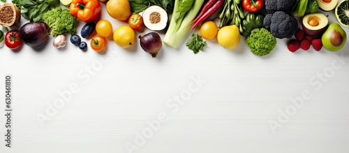 A wide selection of nutritious vegetables and fruits is laid out on a white wooden table. is taken from a top-down view, leaving room for additional content.