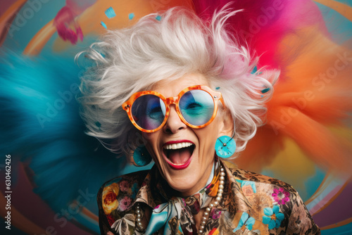 Funny happy old lady grandmother with bright makeup and circle glasses faving fun. Kidulthood concept