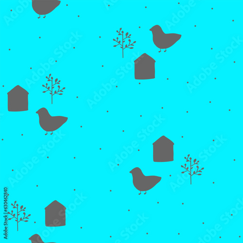 Bird,house and tree silhouette seamless pattern,hand drawn garden print on blue background.Tender Botanical illustration for home decor, interior design, wallpaper, kids fashion, cover design