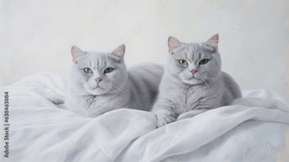 Portrait of two British Shorthair Tabbys on white blanket. AI Generative