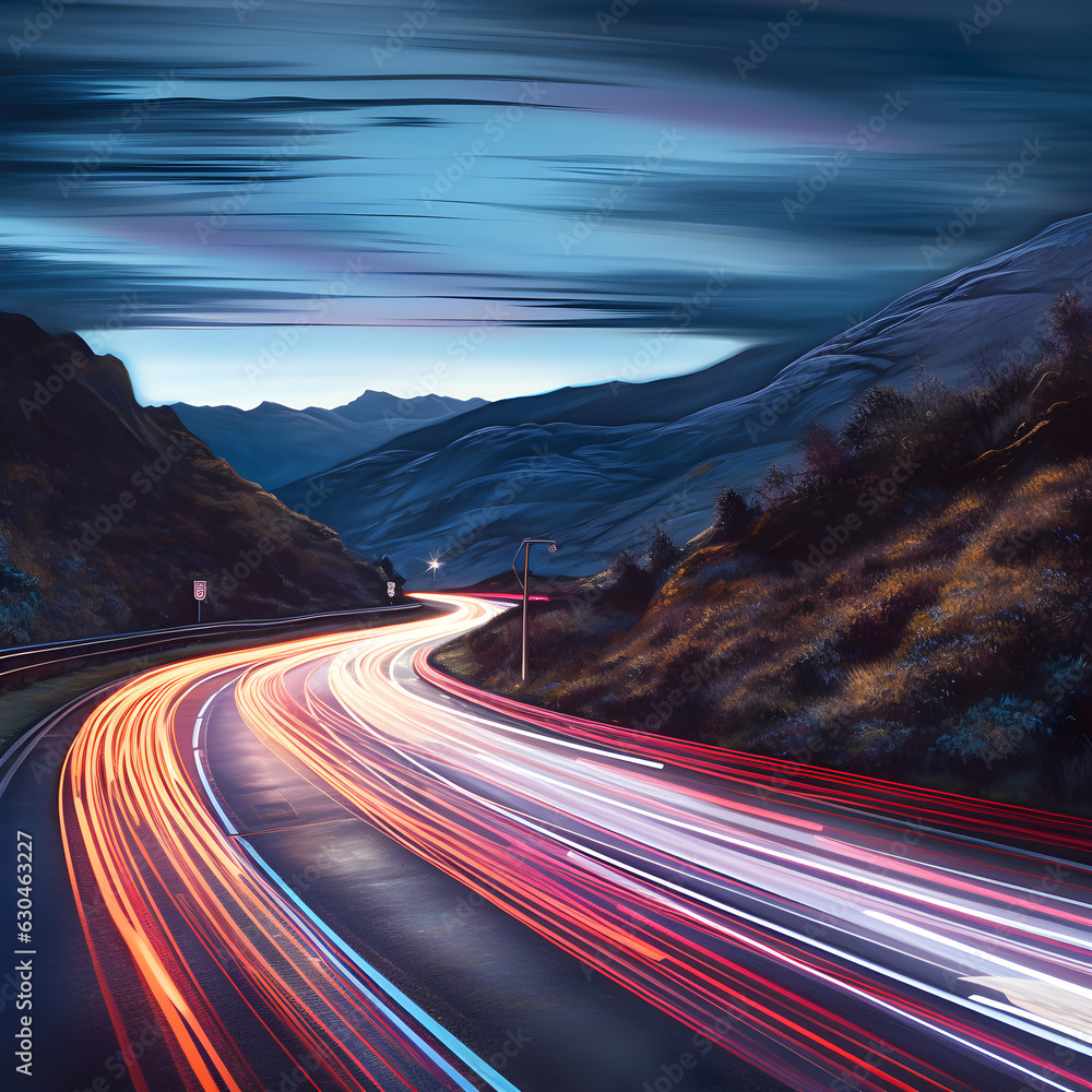 photograph of highway in the mountains with light trails, in the style of traditional landscapes, soft, atmospheric lighting, richly coloured skies, rim lights