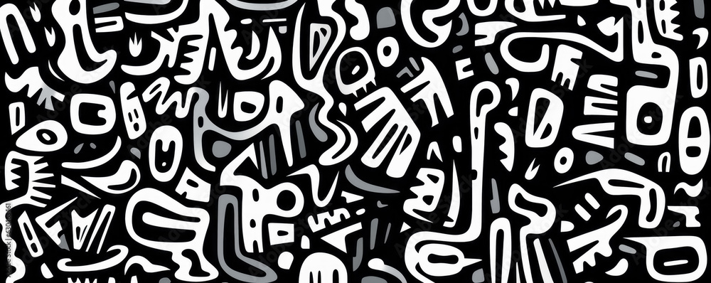 Black and white graffiti pattern texture background with a lot of black and white lettering.