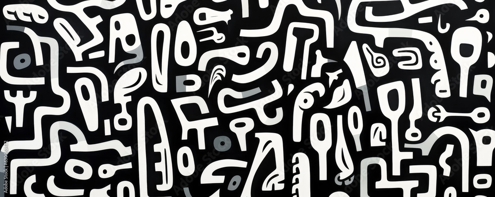 Black and white graffiti pattern texture background with a lot of black and white lettering.