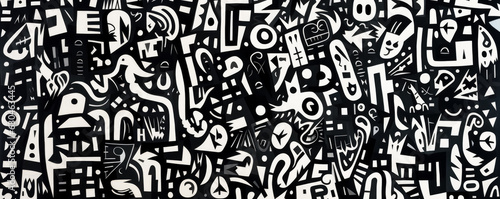 Black and white graffiti pattern texture background with a lot of black and white lettering.