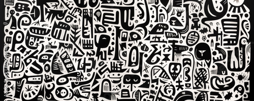 Black and white graffiti pattern texture background with a lot of black and white lettering.