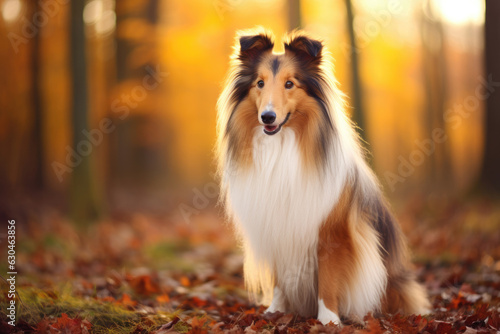 A collie dog in the autumn forest