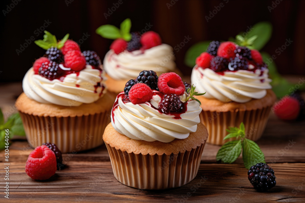 Cupcakes with buttercream , decorated with berries Cupcakes with buttercream , decorated with berries