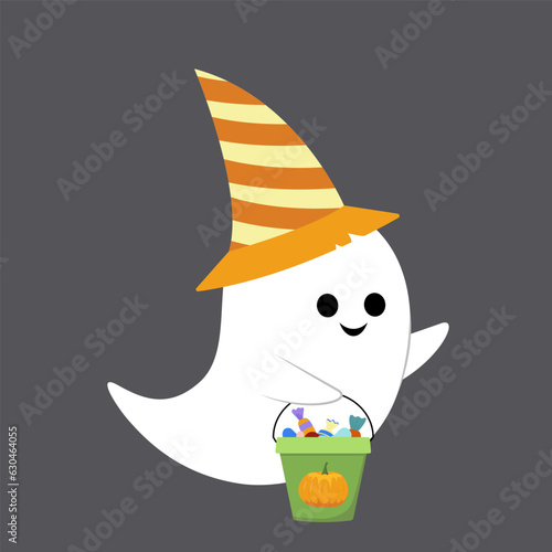 Ghost with hat and pail of candies. Flat, cartoon, vector